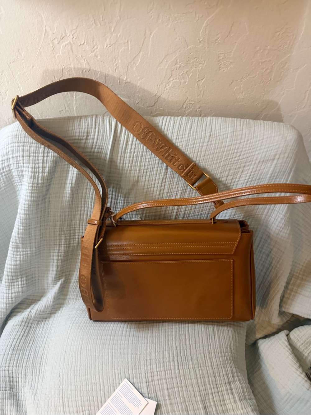 Off-White Cognac Leather Shoulder Bag with Gold Hardware - Picture 14 of 15